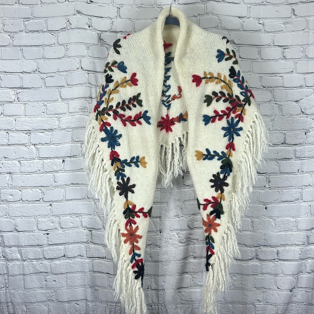 Hand Crafted Floral Embroidered Scarf - Cream, Red, Blue, Yellow - Picture 6 of 6